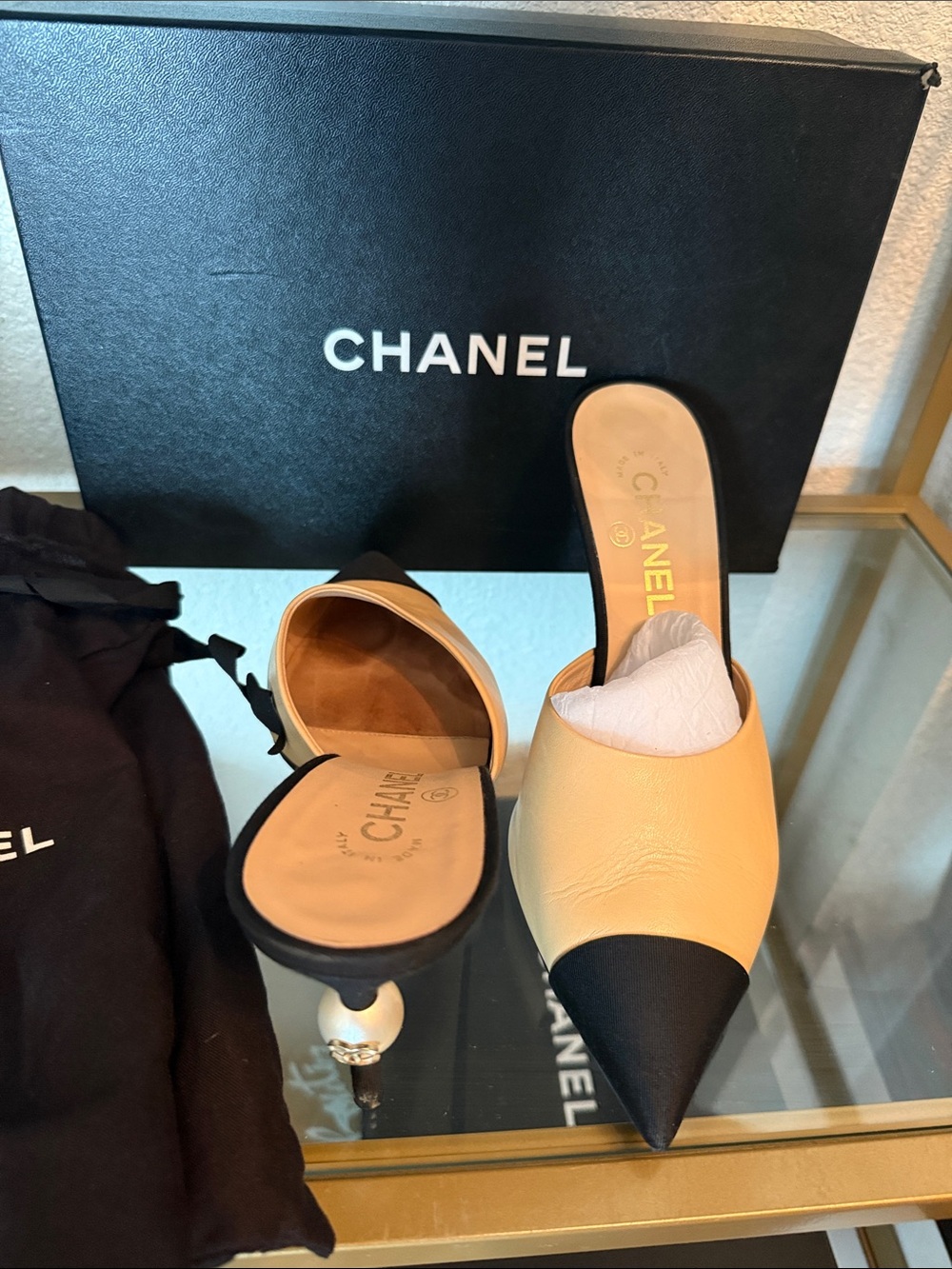 CHANEL Two-Tone Pointed Leather Mule in Beige and Black with Pearl Heel
